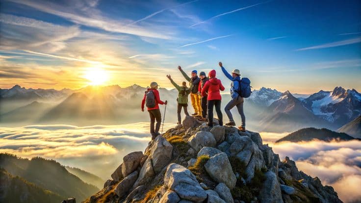Friends Tours and Travels team planning trips on peak mountain